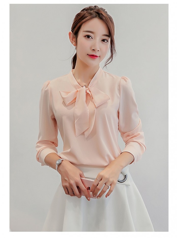 New Spring Summer Blouse Women Long Sleeve Shirts Fashion Leisure Chiffon Shirt Bow Office Ladies Pink White Tops