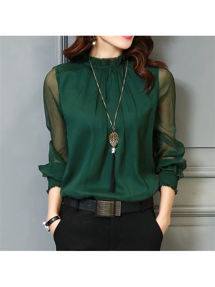 Chiffon Blouse 2018 New Women Tops Long Sleeve Stand Neck Work Wear Shirts Elegant Lady Blouses Casual Solid Color