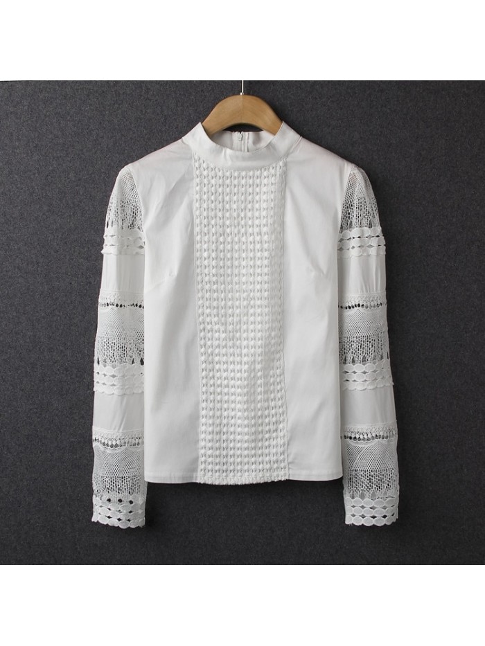 New Women Blouses Slim Bottoming Long-sleeved White Shirt Lace Hook Flower Hollow
