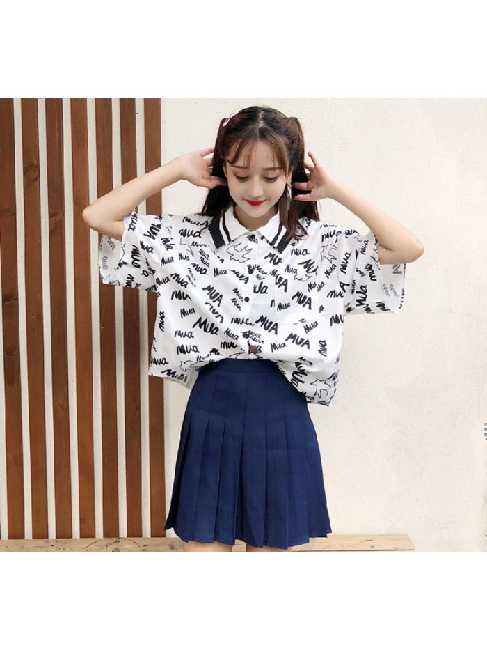 Letter Print Women Blouse Short Sleeve Women Shirts Casual Turn Down Collar Blouse Female