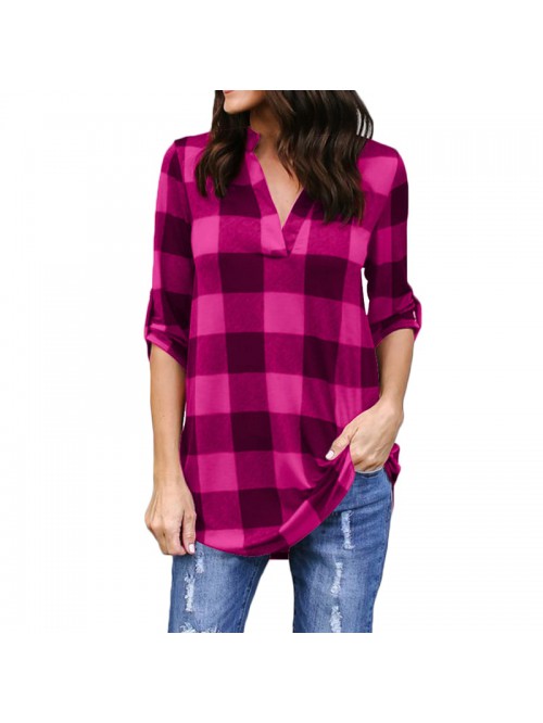 Plaid Loose Shirt V Neck Long Sleeve Roll-up Overs...