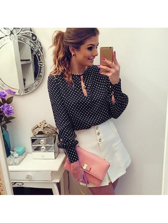 New Arrival Women Tops Casual O-Neck Long Sleeves Blouses Spring Summer Chiffon Polka Dots Shirt