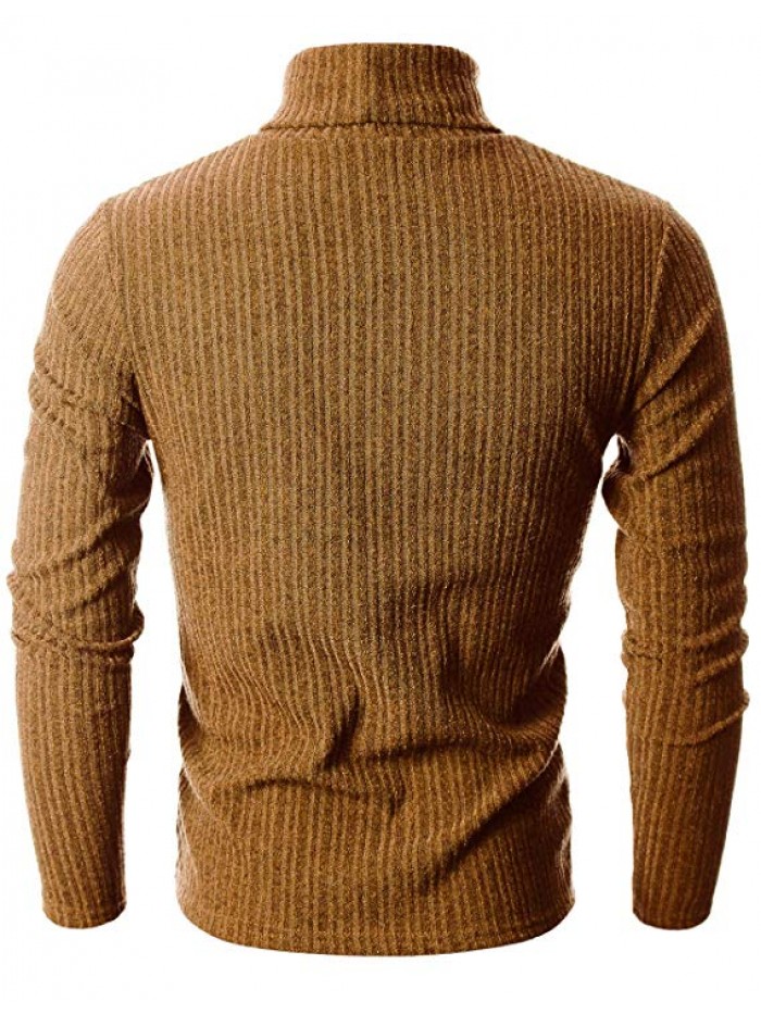 Mens Slim Fit Wide Ribbed Cotton Blend Turtleneck Pullover