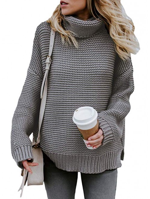 Womens Turtleneck Long Sleeve Chunky Knit Pullover...