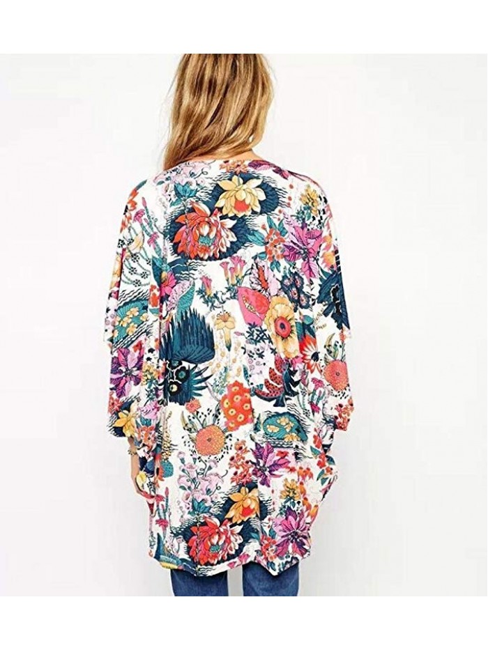 Women's Sheer Chiffon Blouse Loose Tops Kimono Floral Print Cardigan