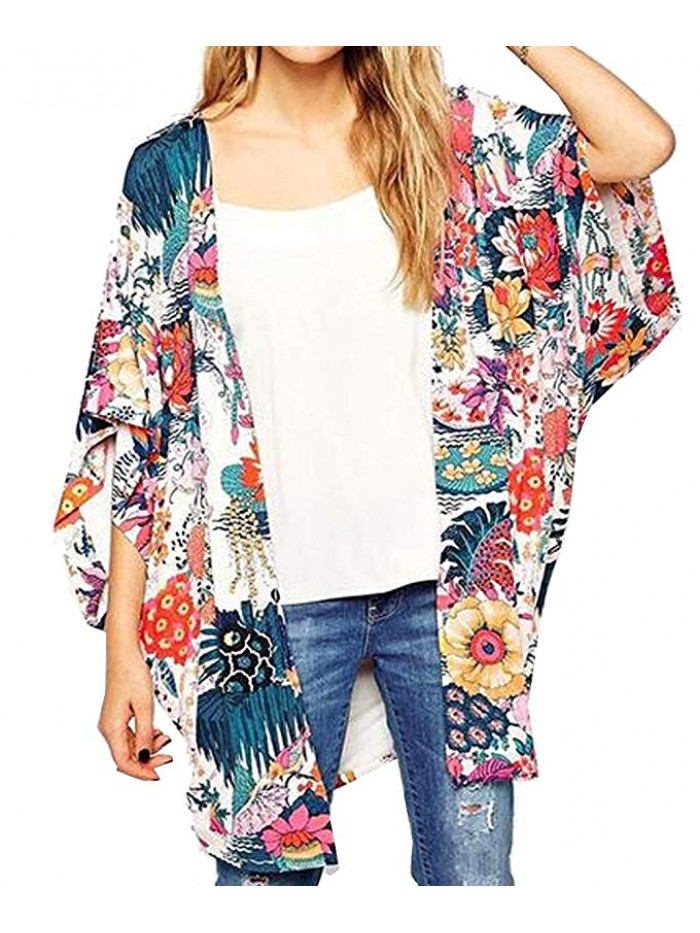 Women's Sheer Chiffon Blouse Loose Tops Kimono Floral Print Cardigan