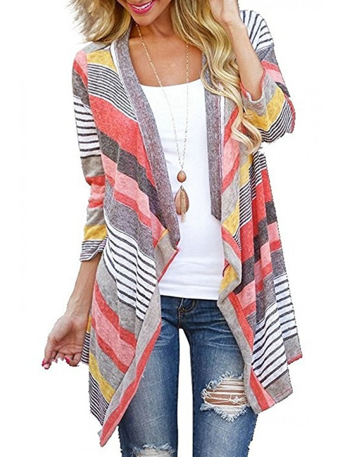 Women's 3/4 Sleeve Cardigans Striped Printed Open Front Draped Kimono Loose Cardigan