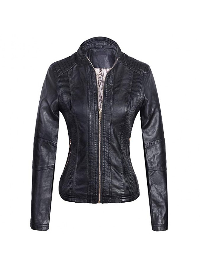Women's Lightweight Slim Faux Leather Motorcycle Biker Zip Up Jacket Coat
