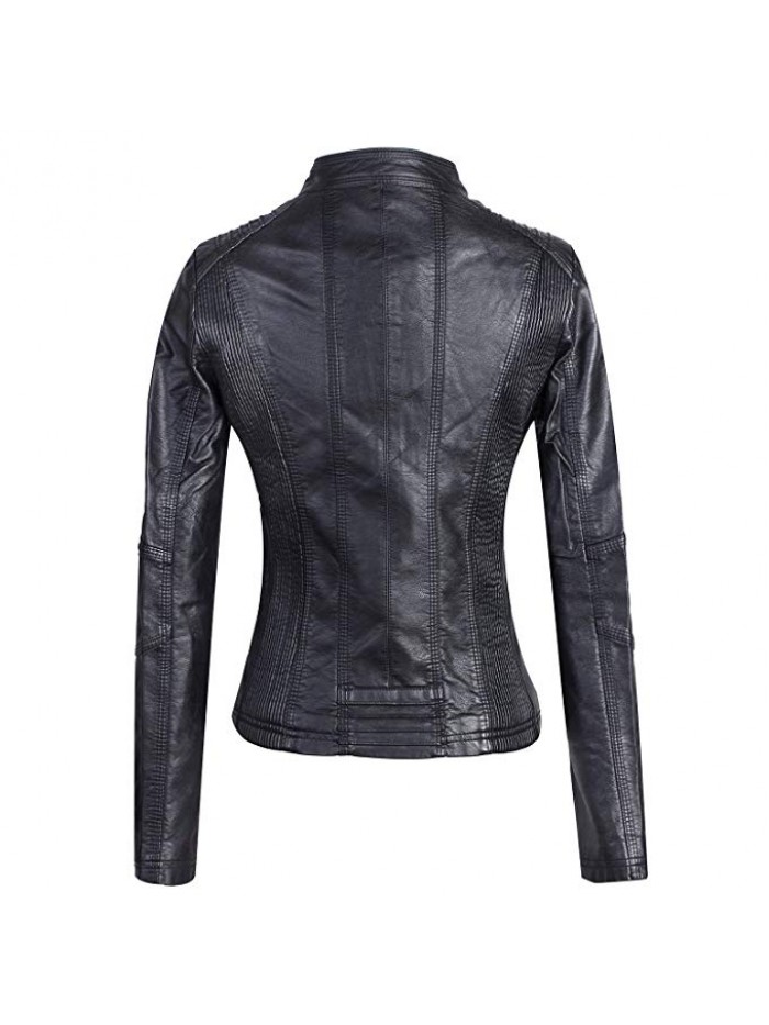 Women's Lightweight Slim Faux Leather Motorcycle Biker Zip Up Jacket Coat
