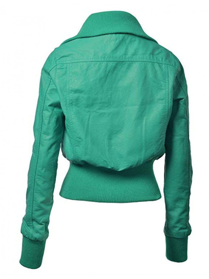 Womens Edgy Faux Leather Zip Up Bomber Jacket with Front Pockets