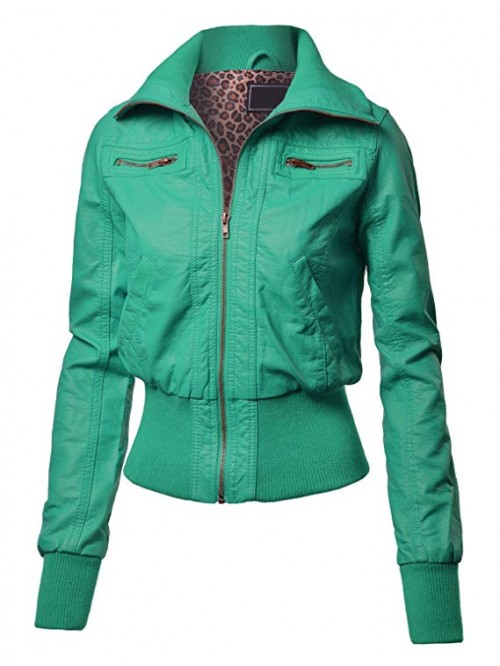 Womens Edgy Faux Leather Zip Up Bomber Jacket with...