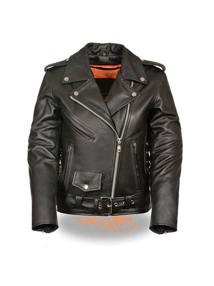 Ladies Black Classic MC Premium Leather Jacket-Side Laces