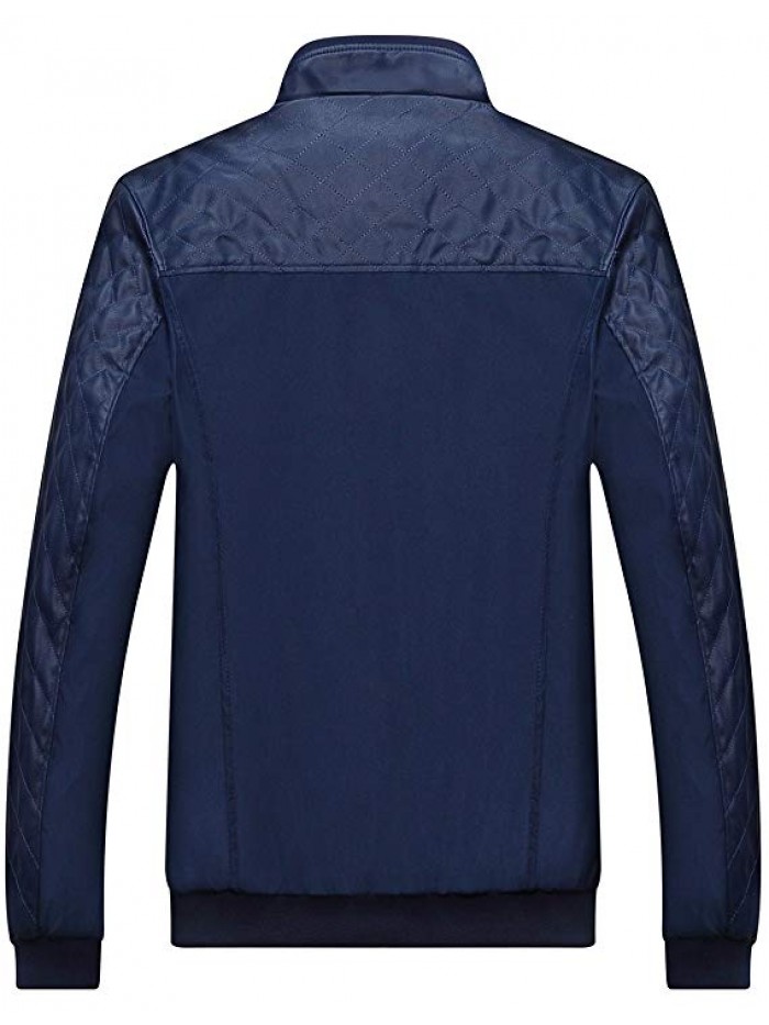 Men's Casual Stand Collar Slim Leather Sleeve Bomber Jacket