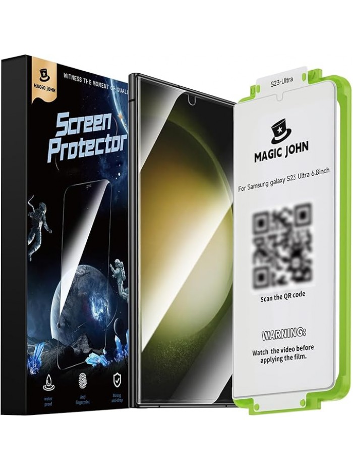 MAGIC JOHN 2 Pack for Samsung Galaxy S23 Ultra Screen Protector [PET Film Material Not Glass] 6.8 inch,[100% Fingerprint ID Compatible] Easy Installation Tray, Shock-Resistant, 3D Curved, Bubble Free, Scratch Proof, HD Clear, Case Friendly