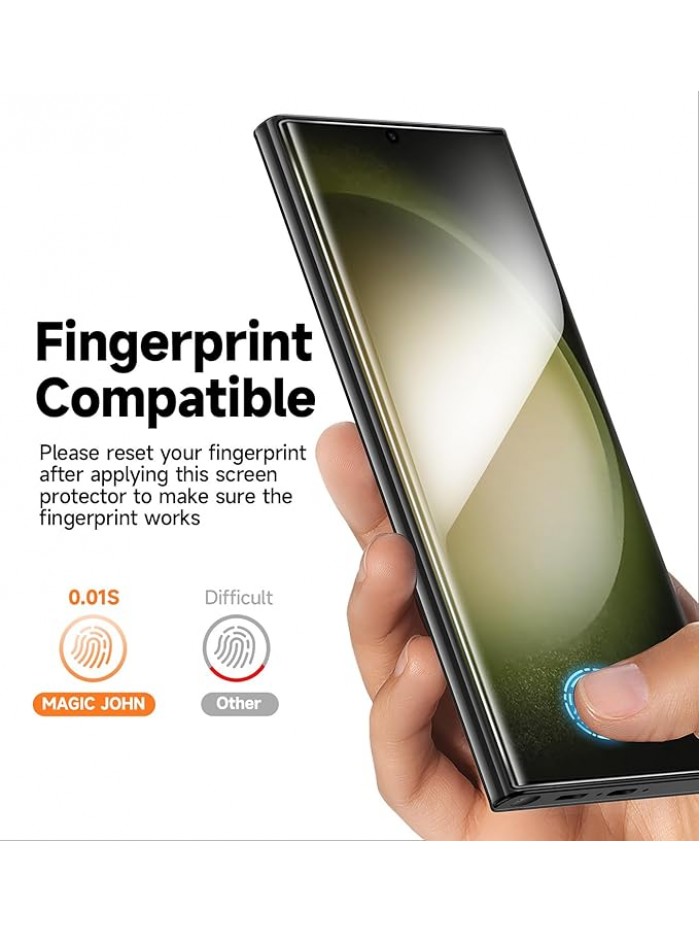 MAGIC JOHN 2 Pack for Samsung Galaxy S23 Ultra Screen Protector [PET Film Material Not Glass] 6.8 inch,[100% Fingerprint ID Compatible] Easy Installation Tray, Shock-Resistant, 3D Curved, Bubble Free, Scratch Proof, HD Clear, Case Friendly