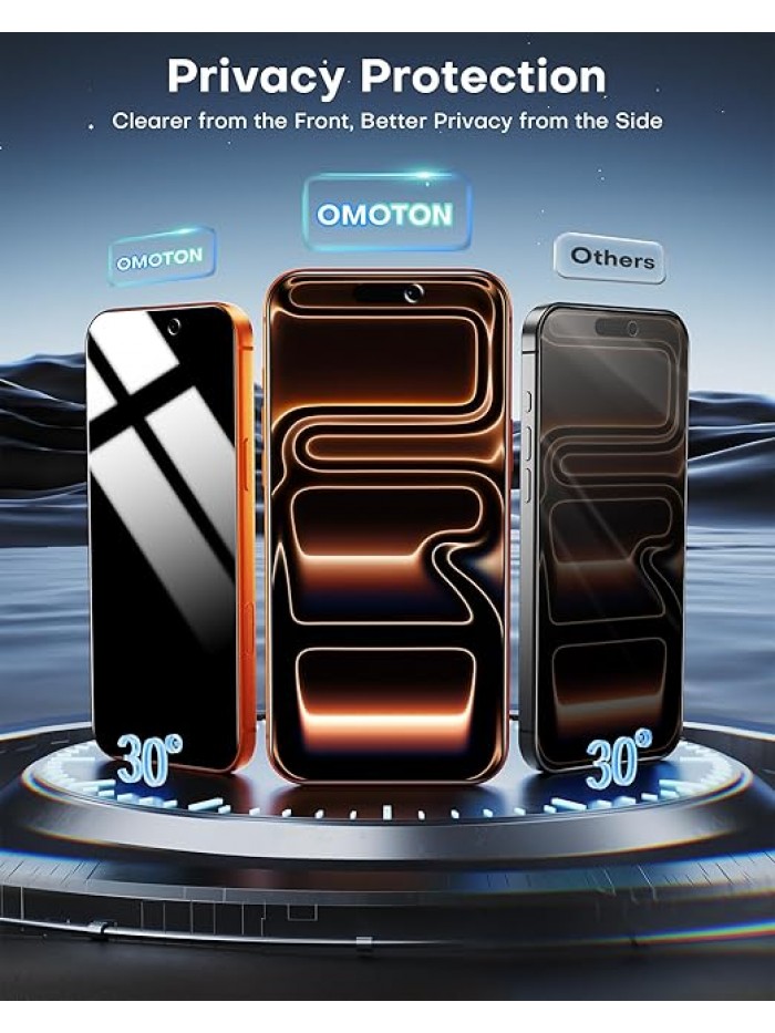 OMOTON Privacy Screen Protector for iPhone 17 Pro Max [Auto-Align Installation], Tempered Glass with 9H+ Hardness & 12FT Military Grade Shatterproof, 100% Anti-Spy, Full Coverage Protection, 2 Pack
