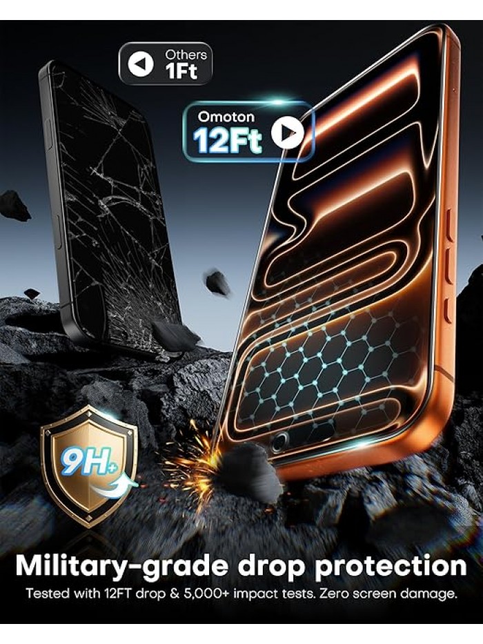 OMOTON Privacy Screen Protector for iPhone 17 Pro Max [Auto-Align Installation], Tempered Glass with 9H+ Hardness & 12FT Military Grade Shatterproof, 100% Anti-Spy, Full Coverage Protection, 2 Pack