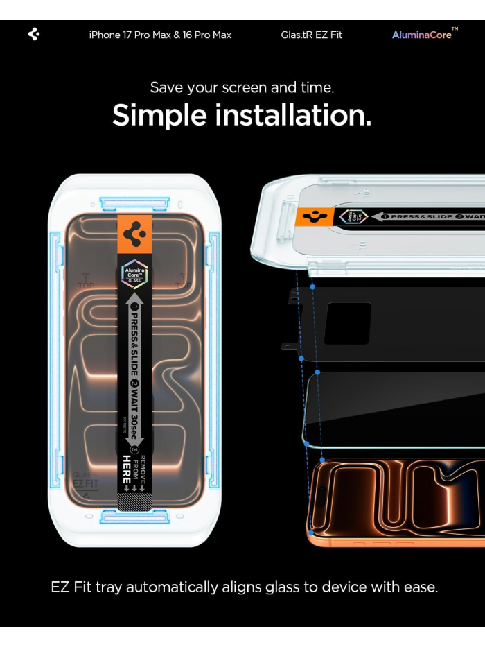 Spigen AluminaCore Tempered Glass Screen Protector [Glas.tR EZ Fit] designed for iPhone 17 Pro Max | iPhone 16 Pro Max [2 Pack] 9H+ Hardness, Aluminum-Enhanced Durability