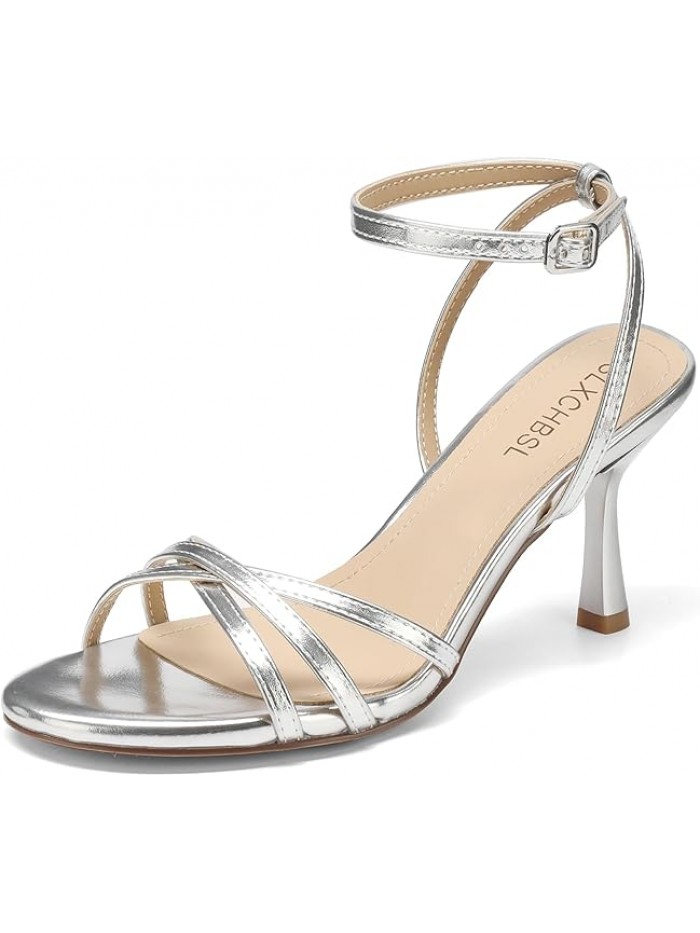 Women's Strappy Heeled Sandals 3 Inch High Heels Round Toe Ankle Strap Dress Shoes for Wedding Party or Holiday