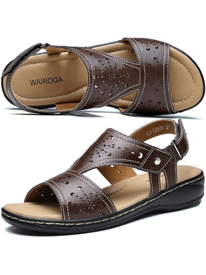 Womens Flat Sandals Orthopedic Dressy Leather Sandals Comfort Walking Open Toe Slip on Shoes with Arch Support for Summer Beach Pool Hiking Vacation Camping Travel Office Shopping Dating Sport