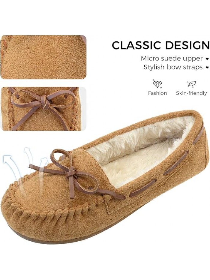 Vonair Women's Moccasin Slippers Micro Suede Warm Faux Fur Pile Lined Lace-Up Cozy Bow Indoor & Outdoor Moccasins Slip On Loafers Shoes for Women