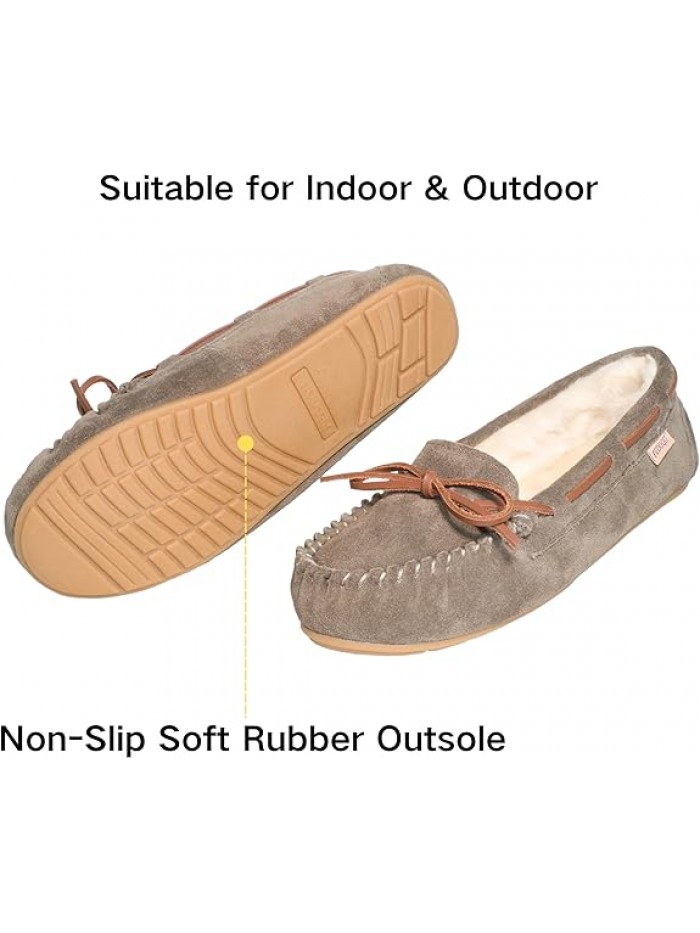Women's Moccasin Slippers Cow Suede Warm Faux Fur Pile Lined Lace-Up Cozy Bow Indoor & Outdoor Moccasins Slip On Loafers Shoes for Women
